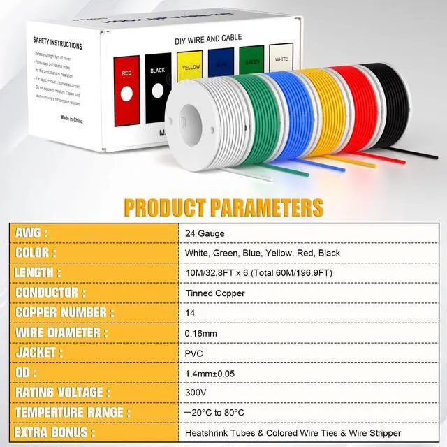 Alt view image 3 of 7 - 22/24 AWG Wire Stranded Solid Core Hook-Up Flexible Wires, 6 Colors Harnesses Each Roll 32.8ft/10M PVC Tinned Copper Core Automotive Electrical Cables, High Temp Resistant -20 to 80
