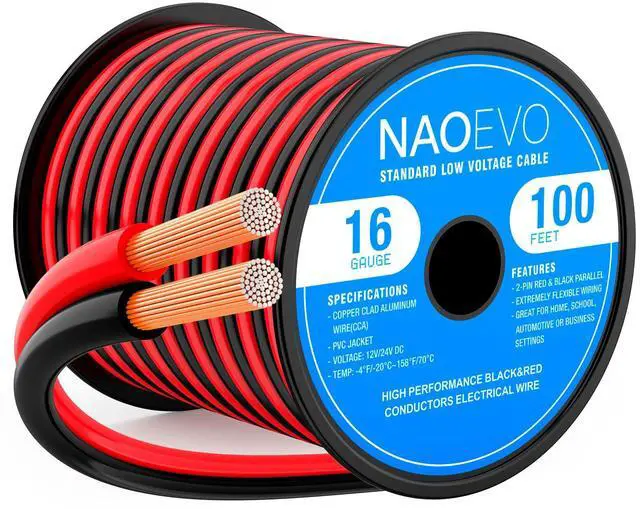 Main image of 16 Gauge Wire 100FT, 2 Conductors Electrical Wire Red Black Cable, Flexible/Low Voltage/PVC 16 AWG Copper Clad Aluminum Extension Cord for Speaker, LED Strips, Automotive 12V/24V DC
