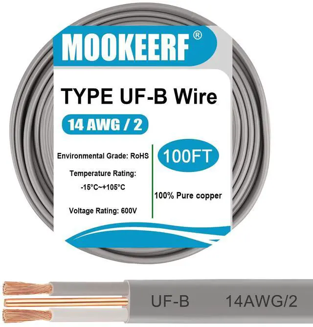 Main image of 14/2 UF-B Wire - 100FT 14 Gauge Direct Burial Electrical Cable 100% Pure Copper 14AWG 2 Connector for Underground Feeder Wet or Corrosive Locations Indoor & Outdoor etc