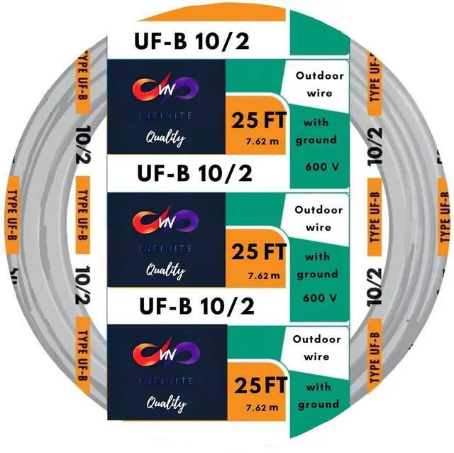 Main image of 10/2 UF-B Wire 10 Gauge Outdoor Direct Burial Electrical Underground Cable 10AWG 2 Connector Insulated Jacket Gray (25 FT)