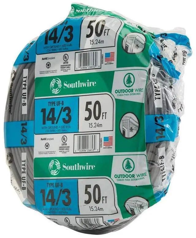 Alt view image 3 of 4 - 14/3 UF-B Underground Feeder Cable 50 ft Copper Wire for Outdoor Direct Burial, Wet & Sunlight-Resistant, 600V Rated
