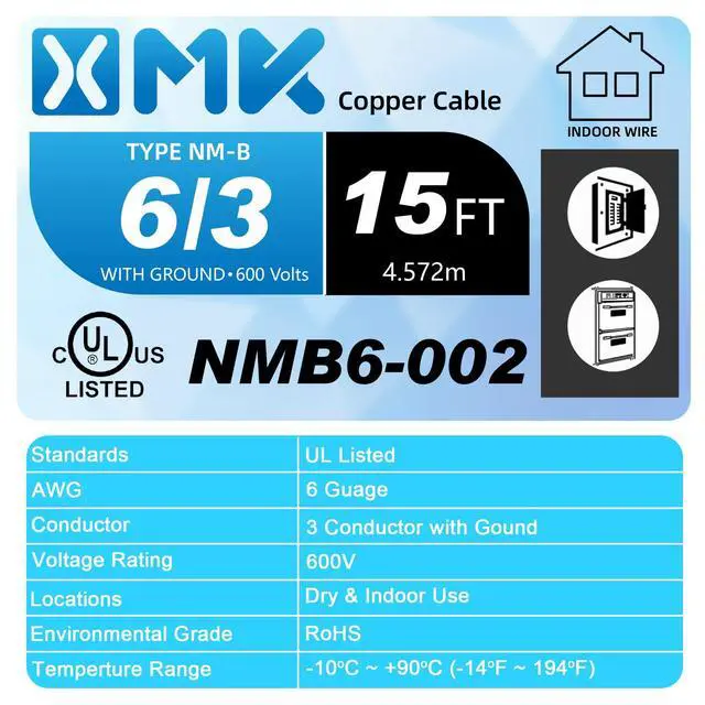 Alt view image 2 of 7 - NM-B 6/3 Wire with Ground,15ft 6 AWG Copper Wire 6 Gauge 3 Conductor Nonmetallic Sheathed NM-B Cable,6/3 NM-B W/G Wire Stranded Indoor Residential Electrical Wiring for Branch Circuit Switches,Outlets