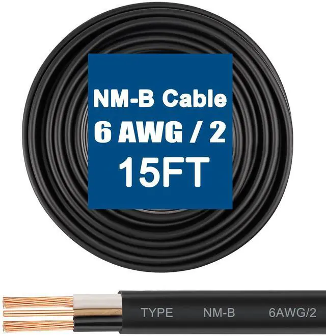 Main image of 6/2 Wire with Ground - 15FT 6 Gauge NM-B Non-Metallic Sheathed Cable 100% Pure Copper 6 AWG 2 Conductor Residential Indoor Wire for Outlets, Switches, Other Loads and Lighting Wiring Projects etc.