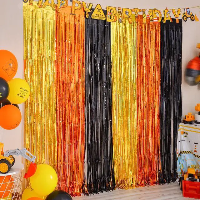 Main image of Construction Party Decorations Foil Fringe Curtains, Construction Birthday Party Supplies, 2 Pack 3.3x6.6 ft Yellow Orange and Black Tinsel Photo Booth Prop Streamers Backdrop for Truck Decor