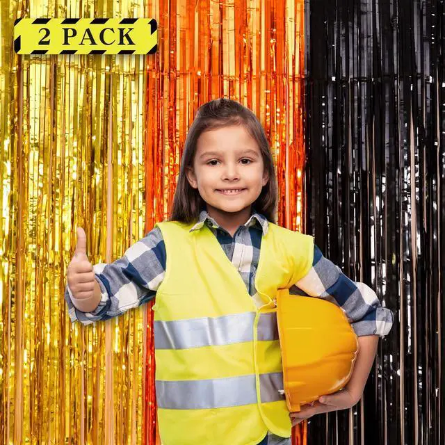 Alt view image 2 of 7 - Construction Party Decorations Foil Fringe Curtains, Construction Birthday Party Supplies, 2 Pack 3.3x6.6 ft Yellow Orange and Black Tinsel Photo Booth Prop Streamers Backdrop for Truck Decor