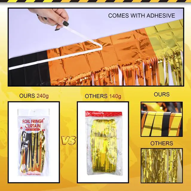 Alt view image 3 of 7 - Construction Party Decorations Foil Fringe Curtains, Construction Birthday Party Supplies, 2 Pack 3.3x6.6 ft Yellow Orange and Black Tinsel Photo Booth Prop Streamers Backdrop for Truck Decor