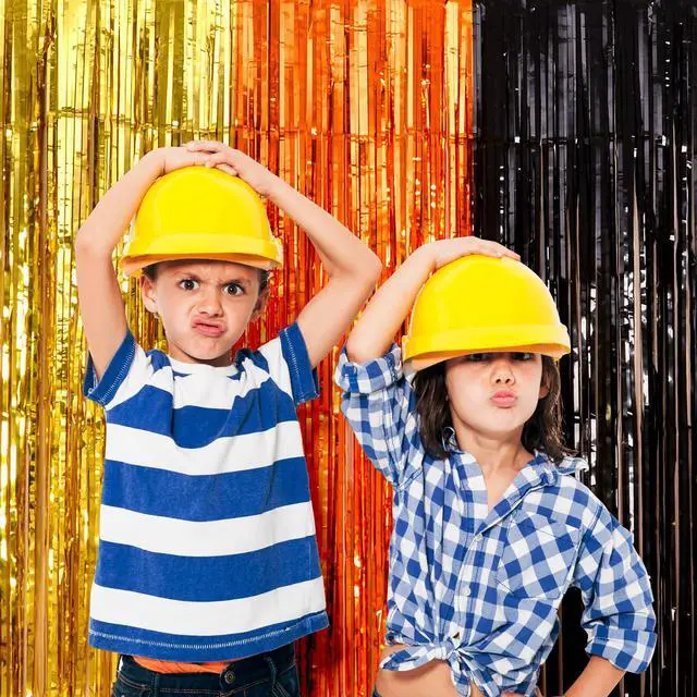Alt view image 6 of 7 - Construction Party Decorations Foil Fringe Curtains, Construction Birthday Party Supplies, 2 Pack 3.3x6.6 ft Yellow Orange and Black Tinsel Photo Booth Prop Streamers Backdrop for Truck Decor