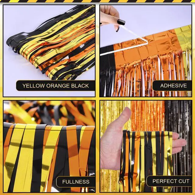 Alt view image 7 of 7 - Construction Party Decorations Foil Fringe Curtains, Construction Birthday Party Supplies, 2 Pack 3.3x6.6 ft Yellow Orange and Black Tinsel Photo Booth Prop Streamers Backdrop for Truck Decor