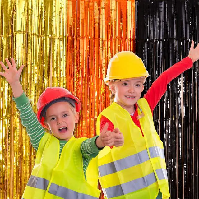 Alt view image 4 of 7 - Construction Party Decorations Foil Fringe Curtains, Construction Birthday Party Supplies, 2 Pack 3.3x6.6 ft Yellow Orange and Black Tinsel Photo Booth Prop Streamers Backdrop for Truck Decor