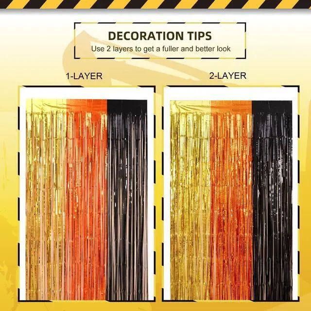 Alt view image 5 of 7 - Construction Party Decorations Foil Fringe Curtains, Construction Birthday Party Supplies, 2 Pack 3.3x6.6 ft Yellow Orange and Black Tinsel Photo Booth Prop Streamers Backdrop for Truck Decor