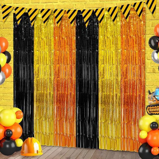 Main image of 2 Pack Construction Foil Fringe Curtains Backdrop Birthday Party Decorations Supplies, 3.28 x 6.56 Ft Yellow Orange Black Tinsel Streamer Photo Booth Props for Truck Party Decor Favors