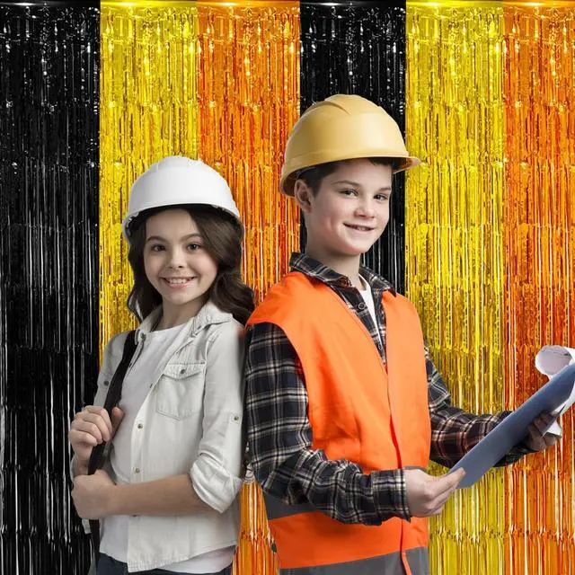 Alt view image 2 of 6 - 2 Pack Construction Foil Fringe Curtains Backdrop Birthday Party Decorations Supplies, 3.28 x 6.56 Ft Yellow Orange Black Tinsel Streamer Photo Booth Props for Truck Party Decor Favors