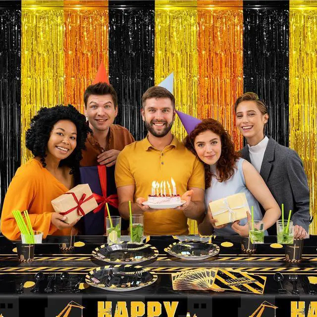 Alt view image 3 of 6 - 2 Pack Construction Foil Fringe Curtains Backdrop Birthday Party Decorations Supplies, 3.28 x 6.56 Ft Yellow Orange Black Tinsel Streamer Photo Booth Props for Truck Party Decor Favors