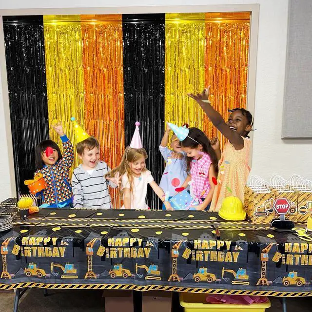 Alt view image 5 of 6 - 2 Pack Construction Foil Fringe Curtains Backdrop Birthday Party Decorations Supplies, 3.28 x 6.56 Ft Yellow Orange Black Tinsel Streamer Photo Booth Props for Truck Party Decor Favors