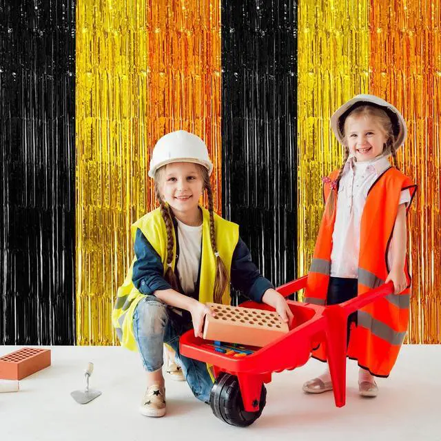 Alt view image 6 of 6 - 2 Pack Construction Foil Fringe Curtains Backdrop Birthday Party Decorations Supplies, 3.28 x 6.56 Ft Yellow Orange Black Tinsel Streamer Photo Booth Props for Truck Party Decor Favors