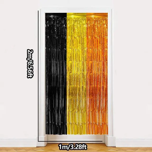 Alt view image 4 of 6 - 2 Pack Construction Foil Fringe Curtains Backdrop Birthday Party Decorations Supplies, 3.28 x 6.56 Ft Yellow Orange Black Tinsel Streamer Photo Booth Props for Truck Party Decor Favors