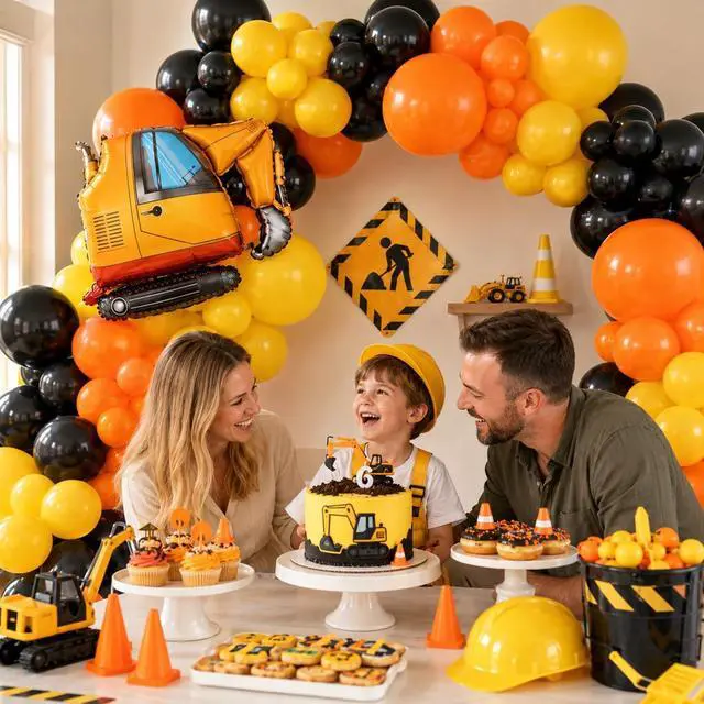 Alt view image 5 of 7 - Construction Party Balloon Garland Kit, Construction Birthday Party Supplies Orange Black Yellow Balloon Garland with Truck Foil Balloon for Construction Quarantine Party Decorations