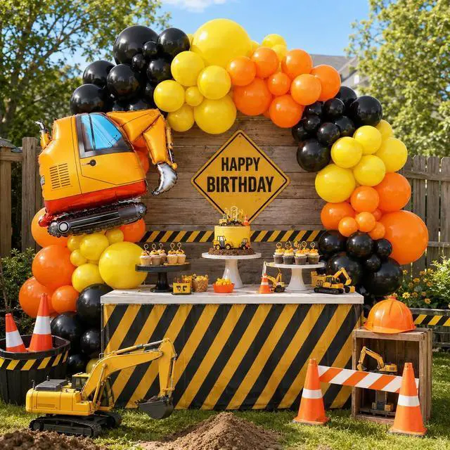 Alt view image 6 of 7 - Construction Party Balloon Garland Kit, Construction Birthday Party Supplies Orange Black Yellow Balloon Garland with Truck Foil Balloon for Construction Quarantine Party Decorations