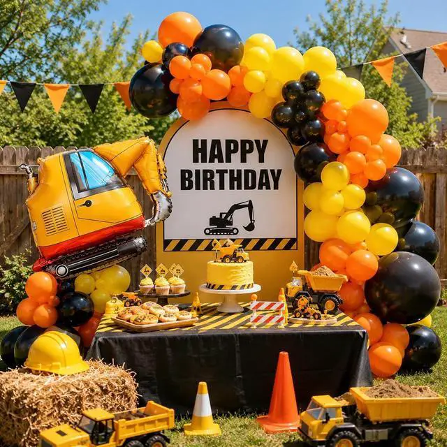 Alt view image 7 of 7 - Construction Party Balloon Garland Kit, Construction Birthday Party Supplies Orange Black Yellow Balloon Garland with Truck Foil Balloon for Construction Quarantine Party Decorations