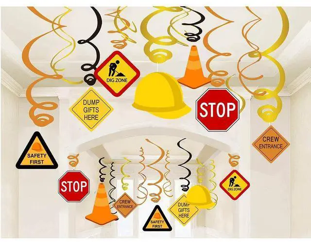 Main image of 30Ct Construction Signs Hanging Swirl Decorations - Dig Zone Stop Crew Entrance Safety First Dump Gifts Here Helmet Roadblock Construction