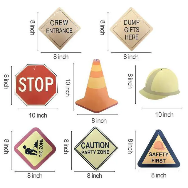 Alt view image 3 of 7 - 30Ct Construction Signs Hanging Swirl Decorations - Dig Zone Stop Crew Entrance Safety First Dump Gifts Here Helmet Roadblock Construction