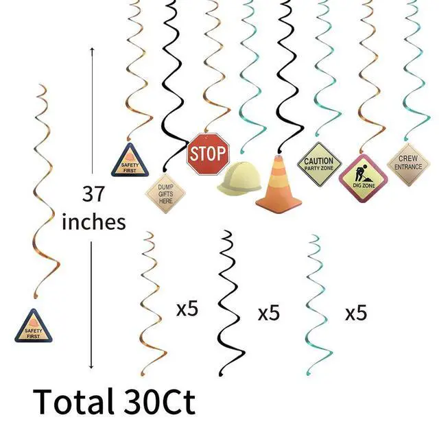 Alt view image 4 of 7 - 30Ct Construction Signs Hanging Swirl Decorations - Dig Zone Stop Crew Entrance Safety First Dump Gifts Here Helmet Roadblock Construction
