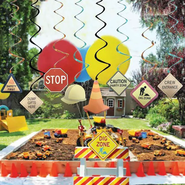 Alt view image 5 of 7 - 30Ct Construction Signs Hanging Swirl Decorations - Dig Zone Stop Crew Entrance Safety First Dump Gifts Here Helmet Roadblock Construction