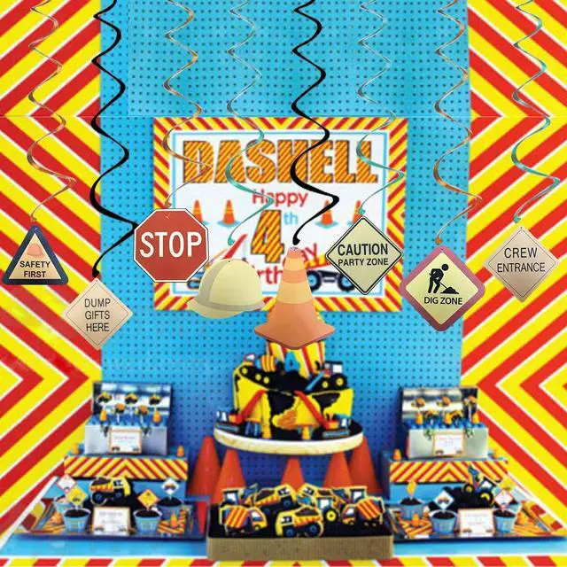 Alt view image 7 of 7 - 30Ct Construction Signs Hanging Swirl Decorations - Dig Zone Stop Crew Entrance Safety First Dump Gifts Here Helmet Roadblock Construction