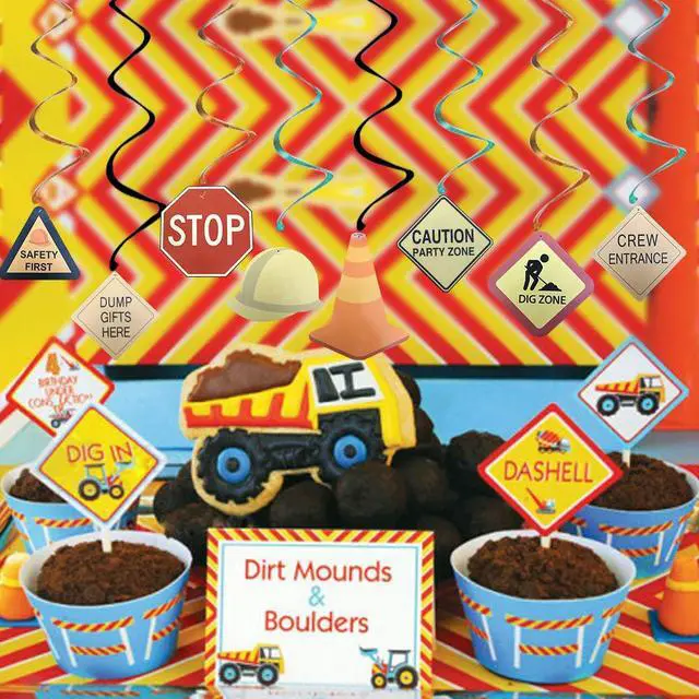 Alt view image 6 of 7 - 30Ct Construction Signs Hanging Swirl Decorations - Dig Zone Stop Crew Entrance Safety First Dump Gifts Here Helmet Roadblock Construction
