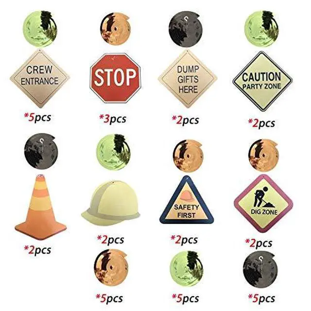 Alt view image 2 of 7 - 30Ct Construction Signs Hanging Swirl Decorations - Dig Zone Stop Crew Entrance Safety First Dump Gifts Here Helmet Roadblock Construction