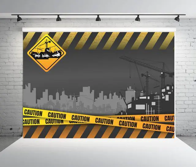 Alt view image 3 of 7 - 7x5ft Fabric Under Construction Backdrop Construction Theme Party Decorations Backdrop Black and Yellow Warning Lines Construction Site Banner Children Kids Boys Birthday Shoot Photo Props