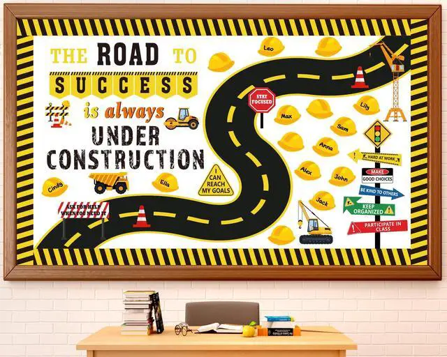 Main image of 91 Pcs Construction Bulletin Board Decorations Road Cutouts Road to Success Bulletin Board Under Construction Inspirational Classroom Decors Name Tags for Library School Positive Chalkboard Wall Decor
