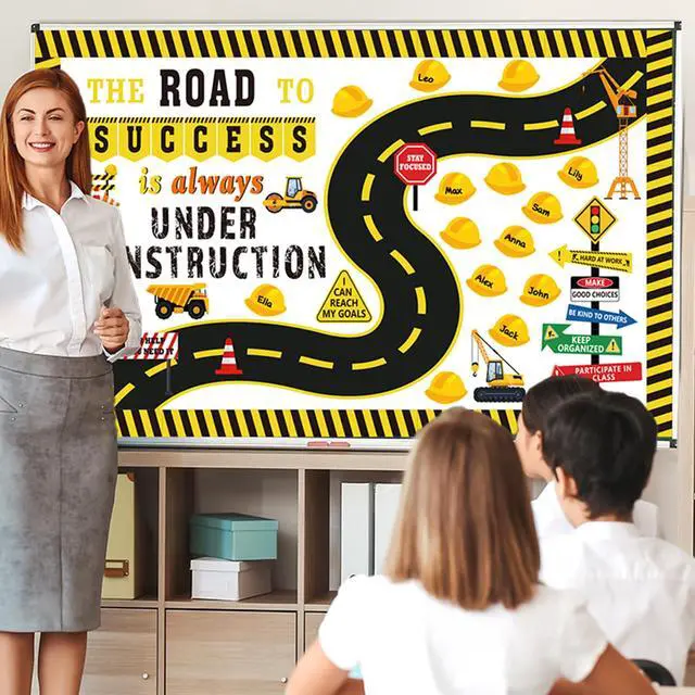 Alt view image 5 of 7 - 91 Pcs Construction Bulletin Board Decorations Road Cutouts Road to Success Bulletin Board Under Construction Inspirational Classroom Decors Name Tags for Library School Positive Chalkboard Wall Decor