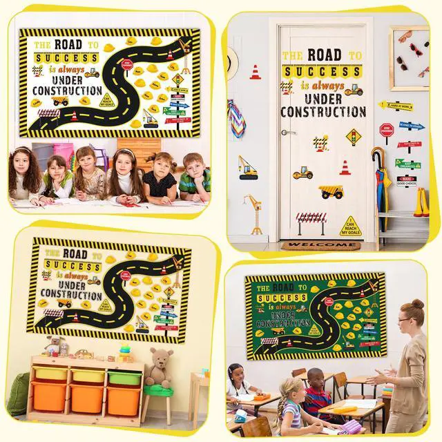 Alt view image 6 of 7 - 91 Pcs Construction Bulletin Board Decorations Road Cutouts Road to Success Bulletin Board Under Construction Inspirational Classroom Decors Name Tags for Library School Positive Chalkboard Wall Decor