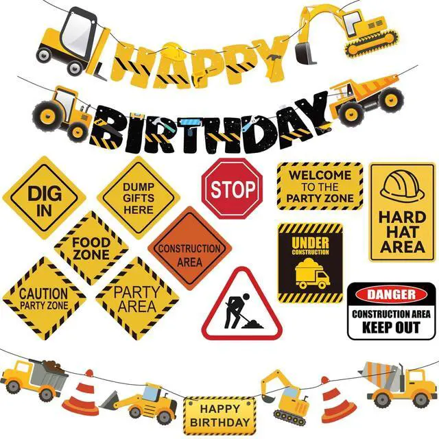 Main image of 14 Packs Construction Happy Birthday Banner Vehicle Truck Garlands and Truck Cutouts Traffic Road Signs Birthday Party Decorations for Kids Boy Baby Shower Decorations (Construction)