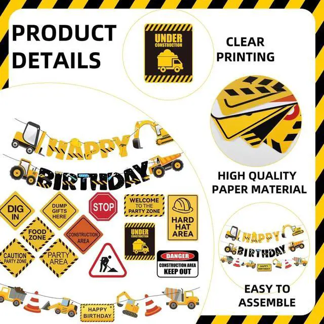 Alt view image 2 of 7 - 14 Packs Construction Happy Birthday Banner Vehicle Truck Garlands and Truck Cutouts Traffic Road Signs Birthday Party Decorations for Kids Boy Baby Shower Decorations (Construction)