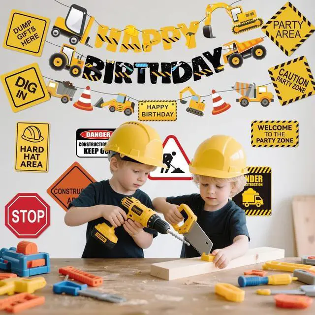 Alt view image 4 of 7 - 14 Packs Construction Happy Birthday Banner Vehicle Truck Garlands and Truck Cutouts Traffic Road Signs Birthday Party Decorations for Kids Boy Baby Shower Decorations (Construction)