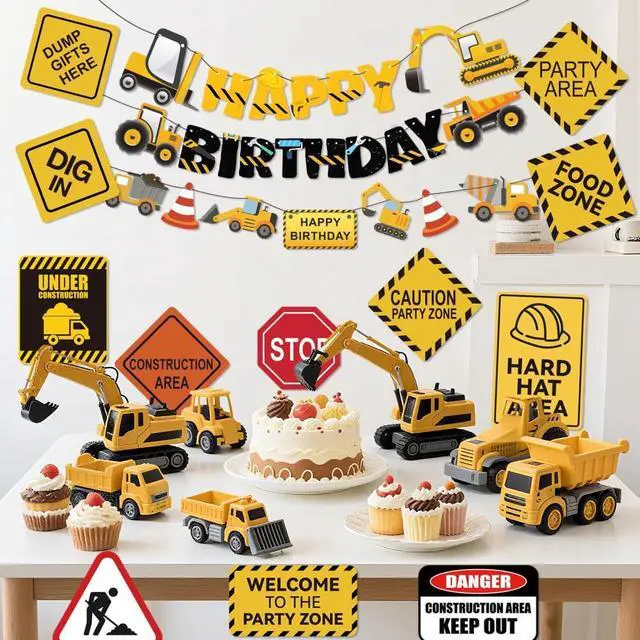 Alt view image 3 of 7 - 14 Packs Construction Happy Birthday Banner Vehicle Truck Garlands and Truck Cutouts Traffic Road Signs Birthday Party Decorations for Kids Boy Baby Shower Decorations (Construction)