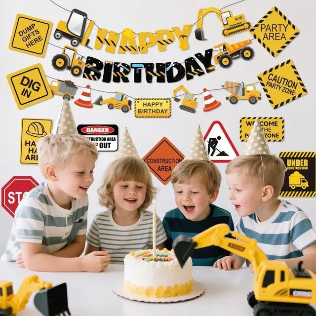 Alt view image 5 of 7 - 14 Packs Construction Happy Birthday Banner Vehicle Truck Garlands and Truck Cutouts Traffic Road Signs Birthday Party Decorations for Kids Boy Baby Shower Decorations (Construction)