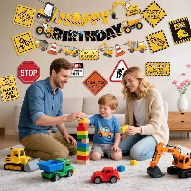 Alt view image 6 of 7 - 14 Packs Construction Happy Birthday Banner Vehicle Truck Garlands and Truck Cutouts Traffic Road Signs Birthday Party Decorations for Kids Boy Baby Shower Decorations (Construction)