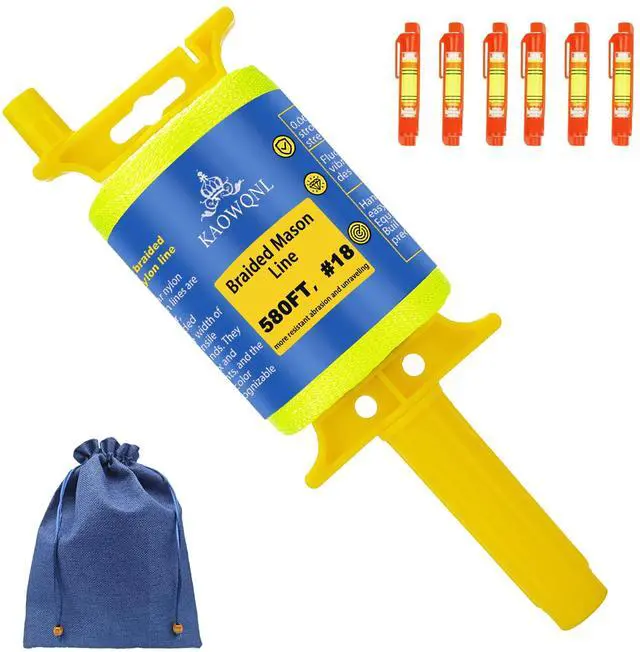 Main image of Mason Line String with Handle Twisted,580Ft #18,Braided Construction Nylon String Line,with 6 Built in Levels & Storage Bag,for Masonry,Gardening,String Level(Fluorescent Yellow)