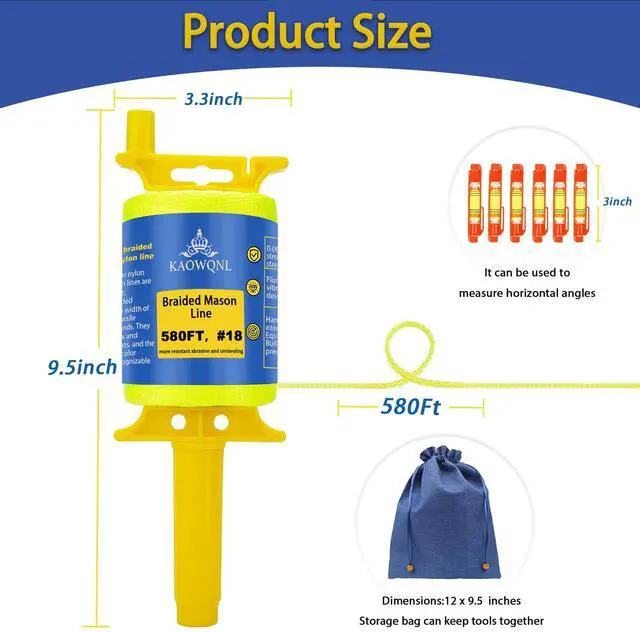 Alt view image 3 of 5 - Mason Line String with Handle Twisted,580Ft #18,Braided Construction Nylon String Line,with 6 Built in Levels & Storage Bag,for Masonry,Gardening,String Level(Fluorescent Yellow)