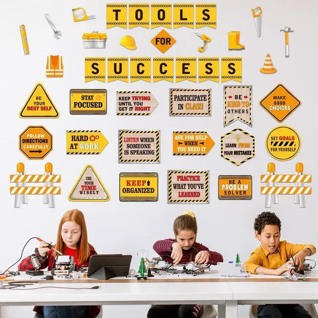 Alt view image 3 of 7 - 47 Pcs Construction Bulletin Board Set Construction Cutouts Tools for Success Classroom Decorations for Kid Students Back to School Gifts Birthday Party Supplies