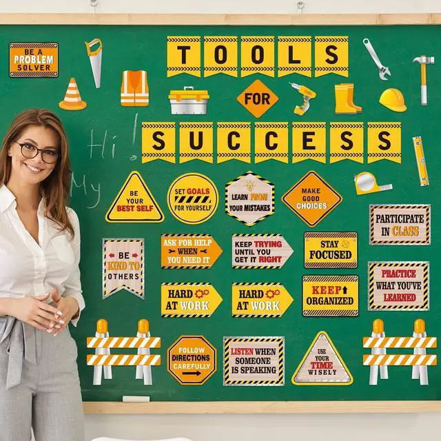 Alt view image 4 of 7 - 47 Pcs Construction Bulletin Board Set Construction Cutouts Tools for Success Classroom Decorations for Kid Students Back to School Gifts Birthday Party Supplies