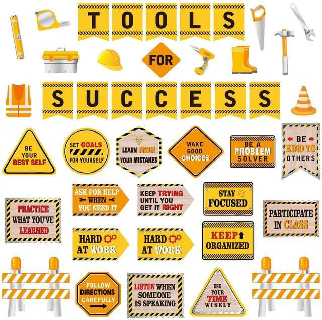 Main image of 47 Pcs Construction Bulletin Board Set Construction Cutouts Tools for Success Classroom Decorations for Kid Students Back to School Gifts Birthday Party Supplies
