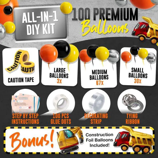 Alt view image 2 of 7 - ALL-IN-1 Construction Balloon Arch Kit with BONUS Caution Tape & Truck Balloons - Construction Balloons for Excavator Birthday Decorations - Construction Birthday Party Supplies & Decorations