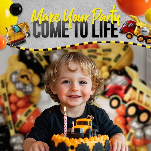 Alt view image 7 of 7 - ALL-IN-1 Construction Balloon Arch Kit with BONUS Caution Tape & Truck Balloons - Construction Balloons for Excavator Birthday Decorations - Construction Birthday Party Supplies & Decorations