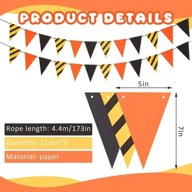 Alt view image 2 of 6 - 5 Packs Construction Pennant Banners Construction Birthday Decorations Party Supplies Paper Dump Truck Theme Flag Banner for Boy, Yellow Black Orange