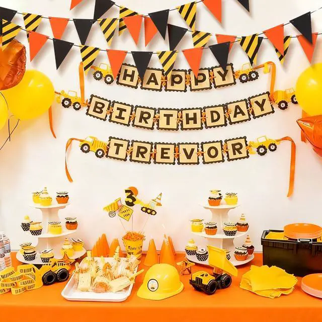 Alt view image 3 of 6 - 5 Packs Construction Pennant Banners Construction Birthday Decorations Party Supplies Paper Dump Truck Theme Flag Banner for Boy, Yellow Black Orange