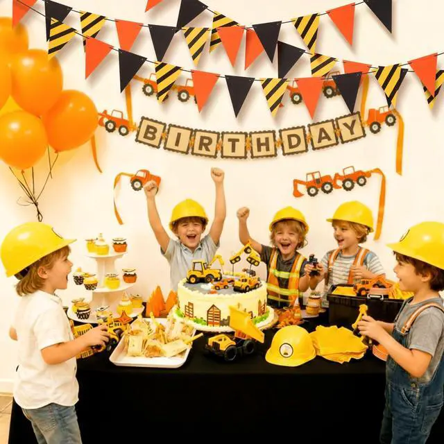 Alt view image 5 of 6 - 5 Packs Construction Pennant Banners Construction Birthday Decorations Party Supplies Paper Dump Truck Theme Flag Banner for Boy, Yellow Black Orange